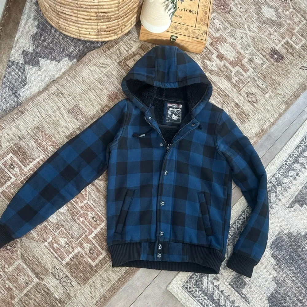 Vintage XDYE 90s Boys Blue Black Buffalo Plaid Hooded Zip Jacket Heavy Sz Small